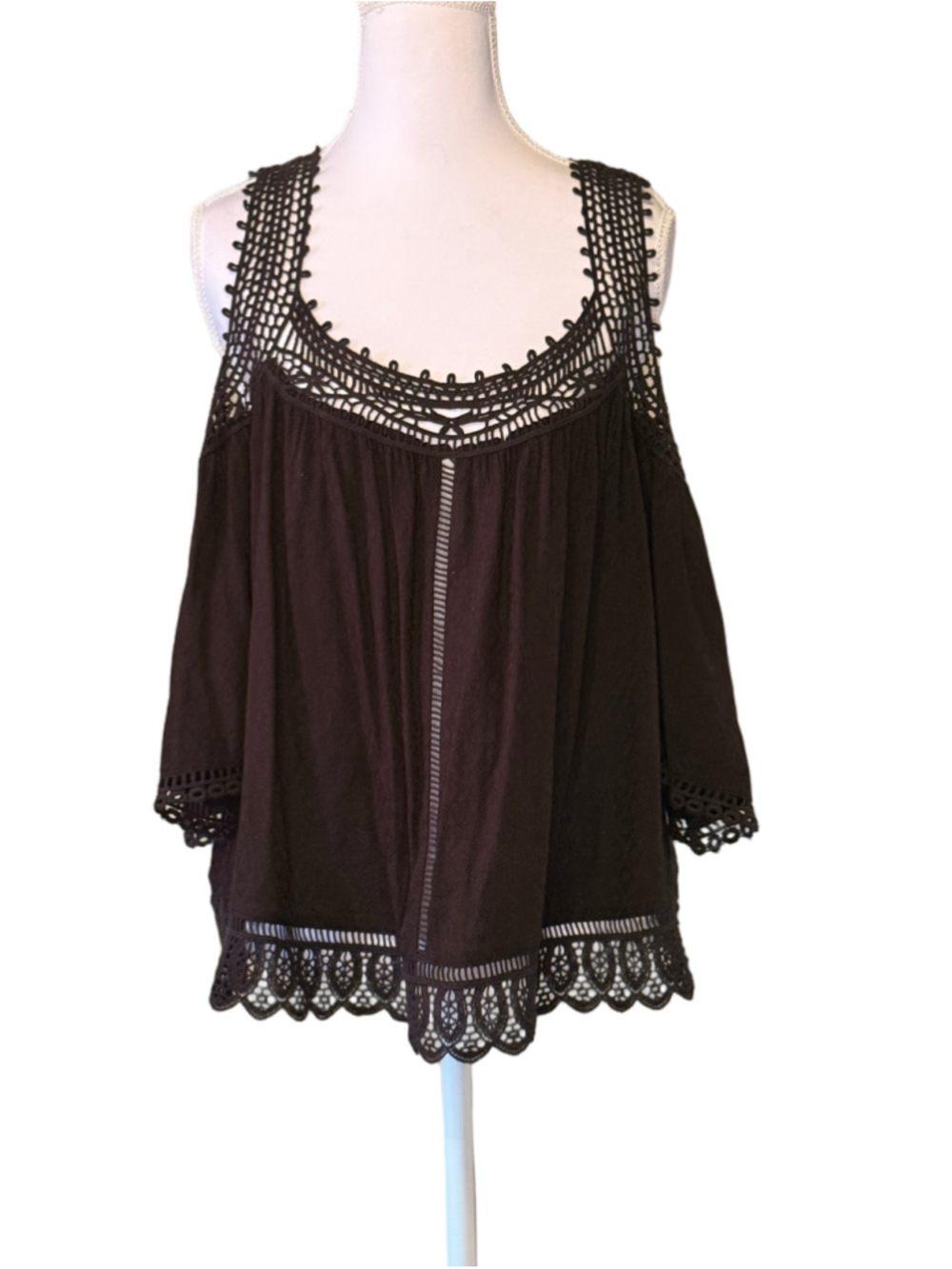 Lovestitch Black Crochet Lace Cold Shoulder Boho Blouse Top L